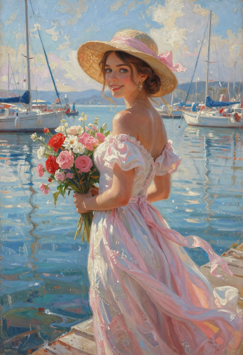 The image is a vibrant,  impressionistic painting showcasing a serene lakeside scene. The artwork features a woman standin...