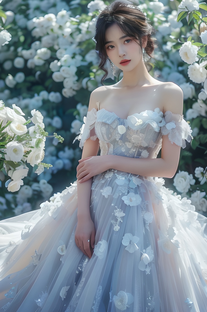 (best quality, masterpiece:1.3),1girl,dress,solo,flower,white flower,breasts,earrings,black hair,cleavage, (looking_at_viewer:1.4),(eye-contact:1.4), jewelry: spring_flower, (blue wedding dress:1.4), Tindal Light, <lora:YG花海:0.7>