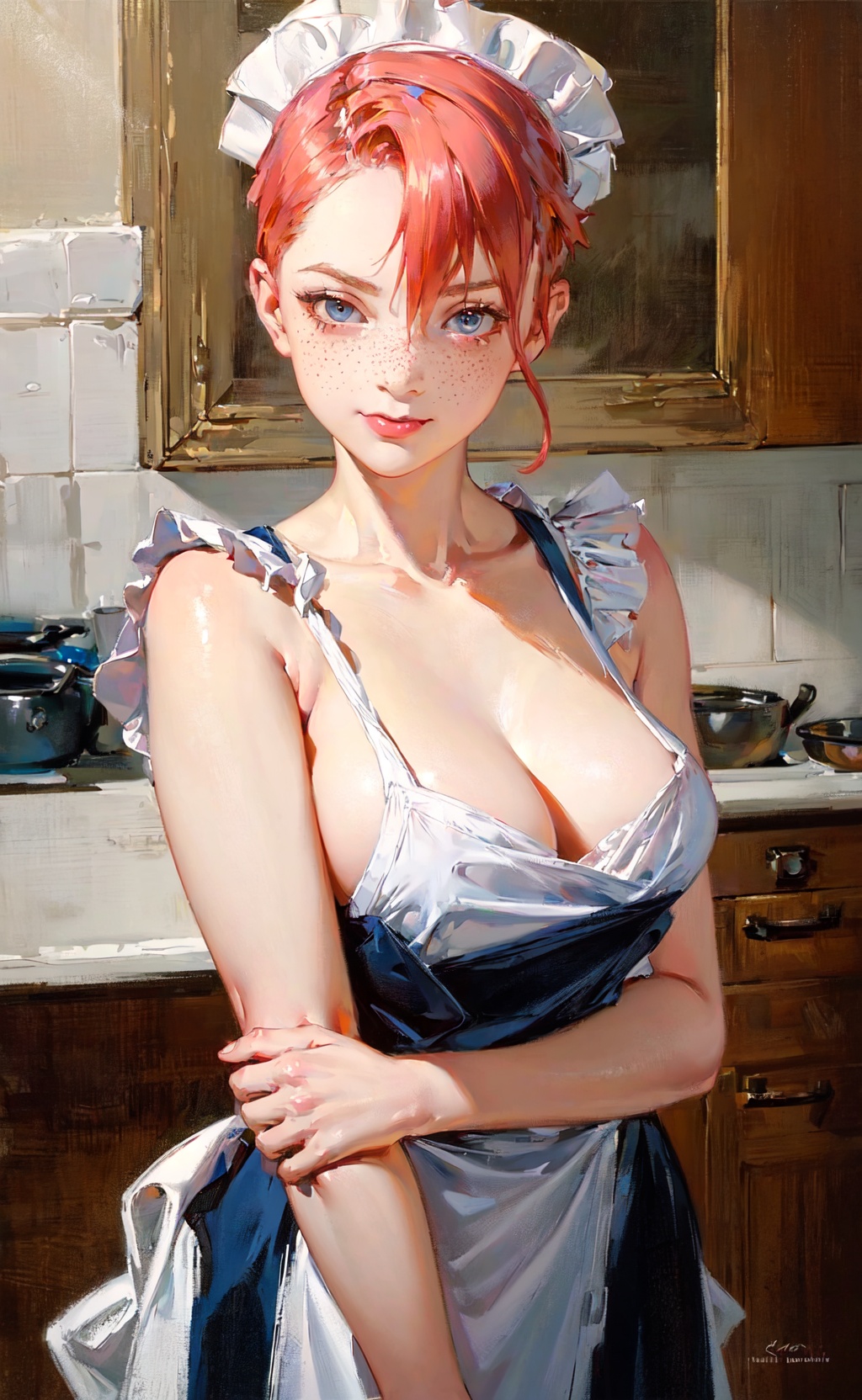 oil painting,  a closeup portrait of a playful maid,  undercut hair on Tensor.Art