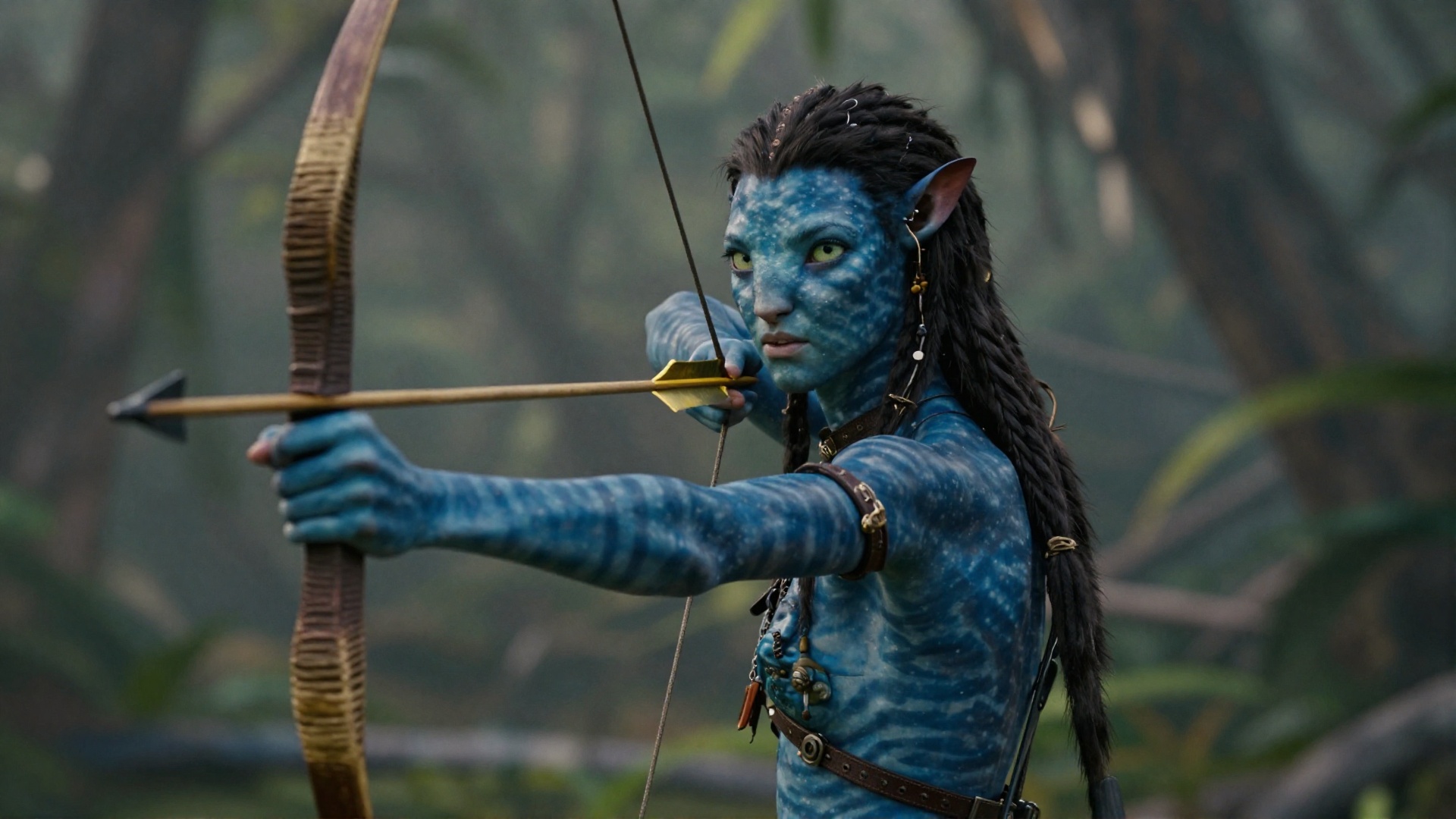 cinematic film still of cinematic style In 2154 on planet Pandora Navi blue skin indigenous species a woman with blue pain...