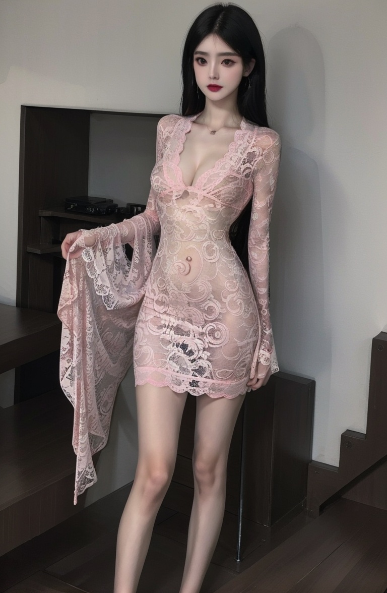 (masterpiece, best quality:1.4),finely detailed,1girl,solo,pale skin,perfect body,(standing),(cowboy_shot:1.2),<lora:killer粉色蕾丝透视显胸连体衣v1.0-000008:0.8>,lace dress,pinkdress,dress,(small_breasts:1.2),