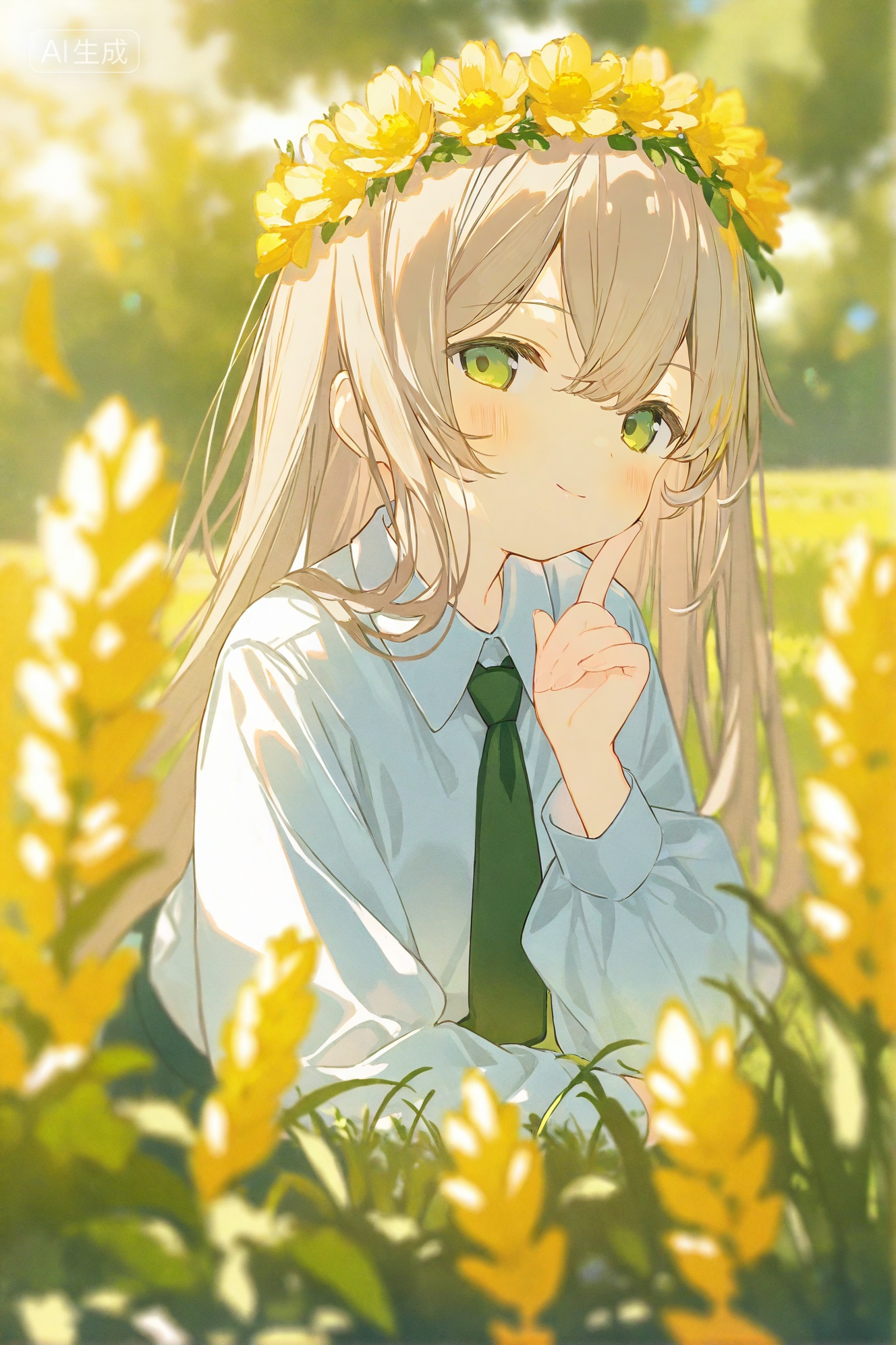 loli,1girl,solo,green eyes,long hair,smile,shirt,looking at viewer,necktie,white shirt,long sleeves,blurry,outdoors,closed mouth,skirt,hair between eyes,blurry foreground,blush,green necktie,upper body,collared shirt,blonde hair,depth of field,grass,field,leaning forward,index finger raised,finger to cheek,head wreath,wheat,day,finger to own chin,light brown hair,puffy long sleeves,sunlight,hand up,brown hair,blurry background,looking to the side,(masterpiece,best quality,highres,absurdres,best quality,amazing quality,very aesthetic,absurdres),, Negative prompt: unaestheticXLv13,negativeXL_D,bad anatomy,blurry,disembodied limb,Two navel eyes,worst quality,low quality,More than five fingers in one hand,More than 5 toes on one foot,hand with more than 5 fingers,hand with less than 4 fingers,ad anatomy,bad hands,mutated hands and fingers,extra legs,extra arms,interlocked fingers,duplicate,cropped,text,jpeg,artifacts,signature,watermark,username,blurry,artist name,trademark,title,muscular,sd character,multiple view,Reference sheet,long body,malformed limbs,multiple breasts,cloned face,malformed,mutated,bad anatomy,disfigured,bad proportions,duplicate,bad feet,artist name,extra limbs,ugly,fused anus,text font ui,missing limb,,nsfw, Steps: 28, Sampler: Euler a, CFG scale: 6.0, Seed: 478908494, Size: 1024x1536, Model hash: 6681e8e4b1, Model: NoobAI-XL (NAI-XL)_Eps-pred 110%.safetensors, Denoising strength: 0.3, Clip skip: 2, ENSD: 31337, RNG: CPU, Lora 1: Ashima, Lora Hash 1: 356a6b0d0a, Lora Weight 1: 0.8, vae_name: automatic, Hires resize: 1331x1996, Hires steps: 14, Hires upscaler: 8x-NMKD-Superscale, TI hashes: "negativeXL_D: fff5d51ab6, negativeXL_D: fff5d51ab6"