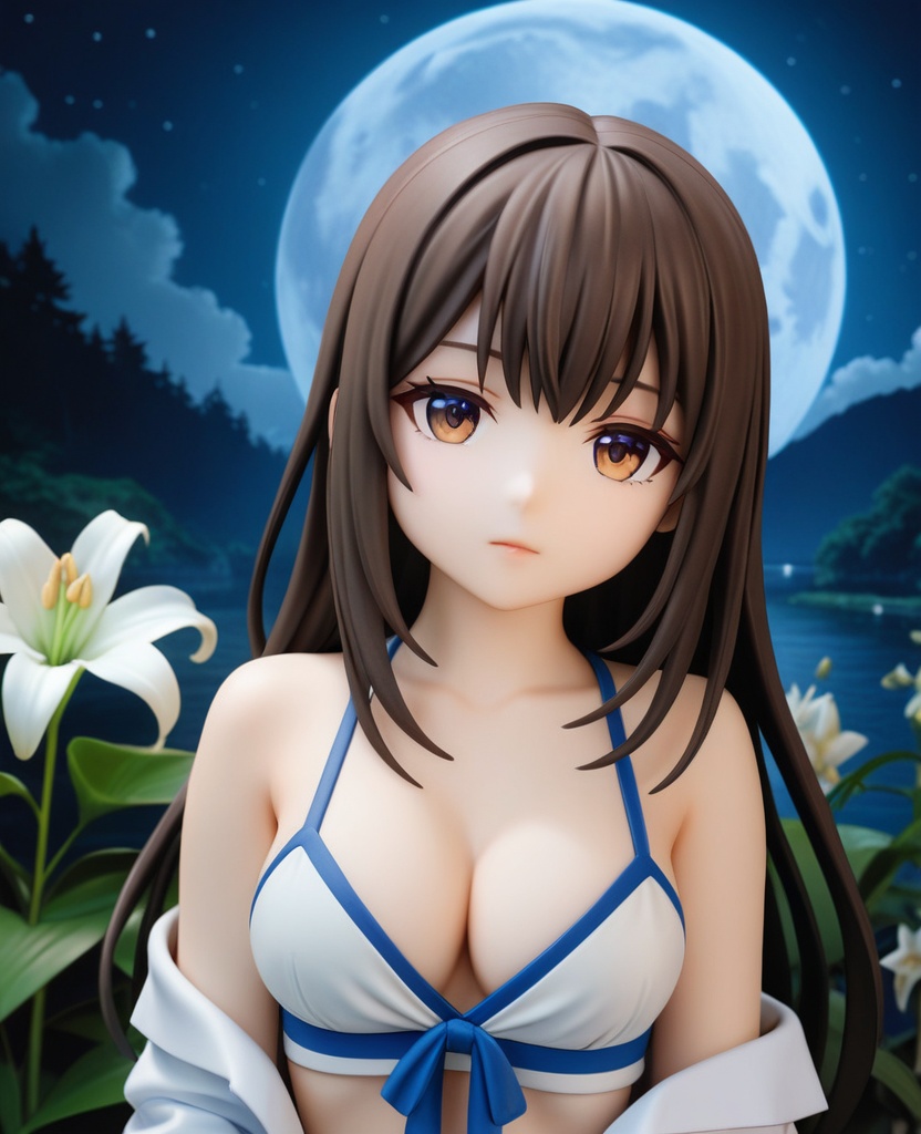 (,1girl, ,best quality, ),looking at viewer,  ,ultra detailed background,ultra detailed background,ultra realistic 8k cg, , ,masterpiece, (( , )),, ultra realistic 8k cg, ,      ,lily \(flower\) ,full moon ,strawberry blossoms      (cleavage), (),