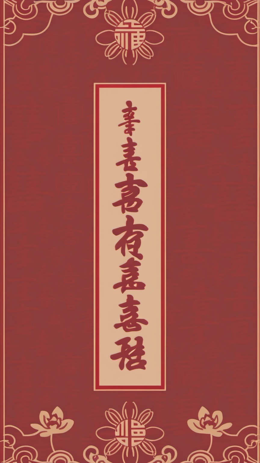 hongbao,A digital drawing flaunts a vertical red background with a beige floral border. In the middle, there's a beige rectangle featuring Chinese characters and a stylized flower. The design rocks traditional Chinese elements with a modern twist, highlighting cultural vibes and festive feels.,<lora:hongbao_v1-000012:1>