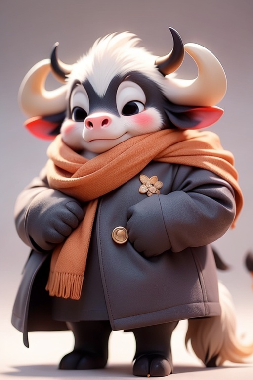 high quality,very beautiful,cow,solo,horns,blush,scarf,animal ears,furry,male focus,simple background,full body,standing,white background,tail,furry male,cow horns,black eyes,coat,C4D,3D,