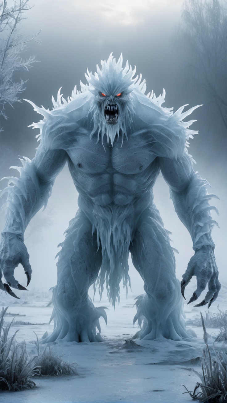 <lora:鲜创一派@奇幻世界XL:1>,Frost Monster, a monster form formed by a huge frost, white translucent, thick fog, dynamic pose, evil atmosphere, epic movie, rotten swamp, high detail, ultra high resolution, 32K UHD, best quality, masterpiece, ...