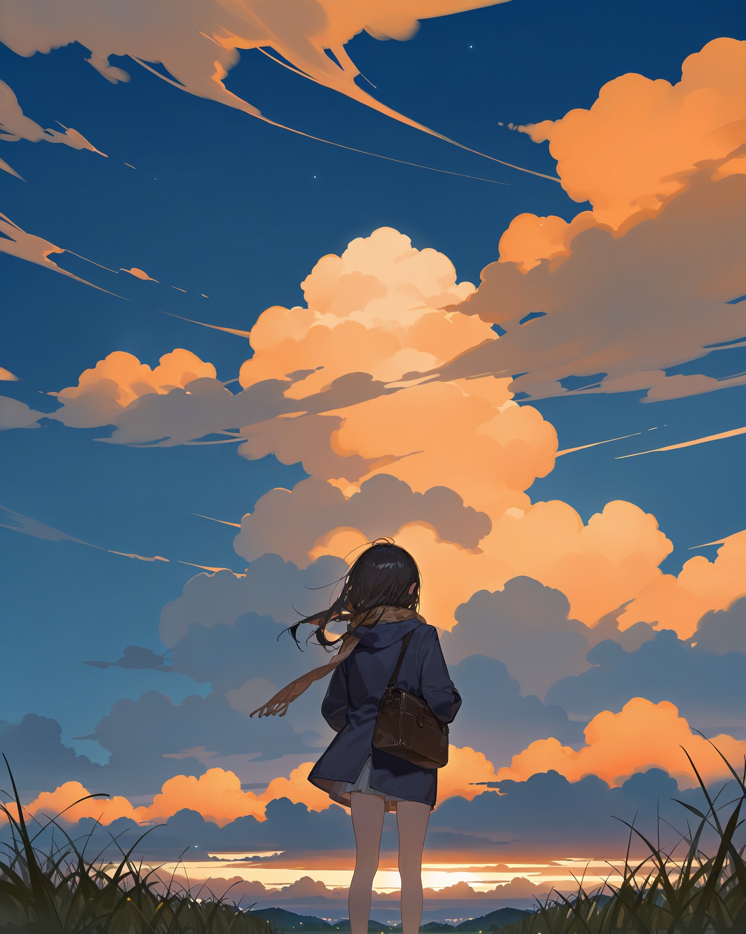 1girl,solo,sky,cloud,outdoors,scenery,black hair,grass,from behind,long hair,standing,cloudy sky,dark,hood,sunset,bag,jacket,night,scarf,long sleeves,facing away,, [artist:ningen_mame],artist:ciloranko,[artist:sho_(sho_lwlw)],[[tianliang duohe fangdongye]],[[artist:rhasta]],best quality,amazing quality,very aesthetic,absurdres,masterpiece,
