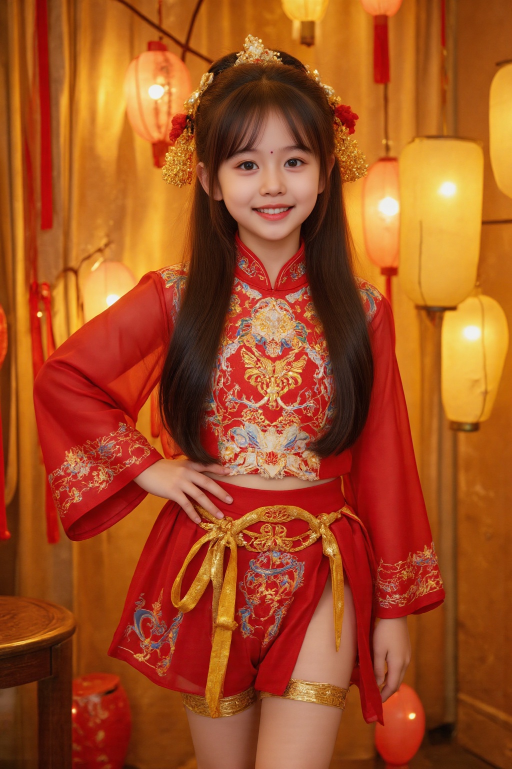 tyz,A 6-year-old girl with long black and smooth hair stood in the corner of a room with warm lights. She was wearing the traditional God of Wealth costume,and a red mini skirt embroidered with golden patterns fluttered gently with her movements. Her thighs were tied with golden straps,adding a touch of luxury. A bright smile bloomed on his face,conveying a festive atmosphere. She was tall and straight,with one hand on her hip and the other slightly raised,as if she was sending blessings to the people in the room. The camera shot at a 45-degree angle,bringing her whole body into the lens,and the light shines behind her,creating a warm and shiny effect. There are several decorative lanterns in the background,further creating a festive atmosphere.,