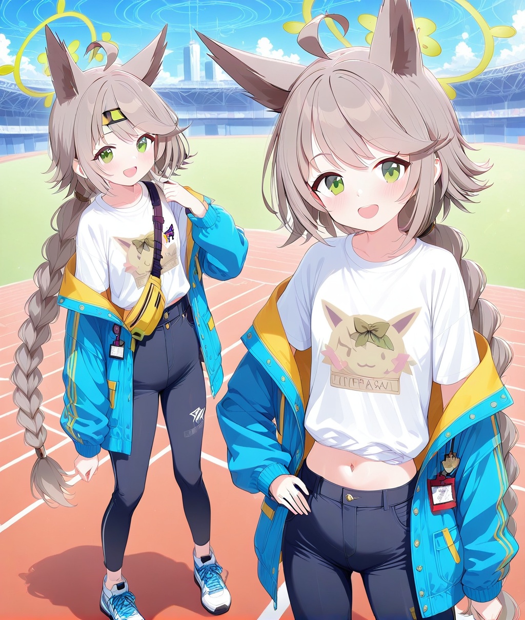 O,ultra detailed anime texture,Otogi(blue archive),Otogi(blue archive),1girl, solo, animal ears, long hair, sneakers, green eyes, jacket, navel, shoes, braid, ahoge, very long hair, pants, full body, open mouth, looking at viewer, smile, shirt, long sleeves, white footwear, standing, open jacket, midriff, open clothes, white shirt, brown hair, tail, fanny pack, bangs, :d, blue jacket, halo, single braid, hand on hip, off shoulder, bag, blush,(UHD),accurate,super detail,award winning,high quality,best quality,high details,textured skin,anatomically correct,retina,HD,16k,
