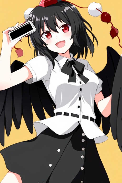 shameimaru aya,1girl,hat,solo,wings,red eyes,black hair,smile,open mouth,camera,pom pom hair ornament,  pom \(clothes\),<lora:aya5:1>,