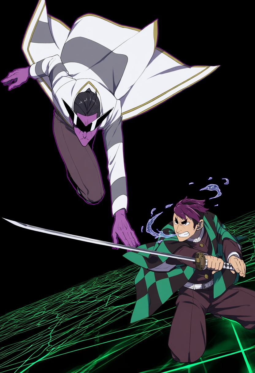 @satoti_chang,  satoti chang. A dramatic dutch angle captures HuginDD,  a man with purple skin and sharp-angled black glas...