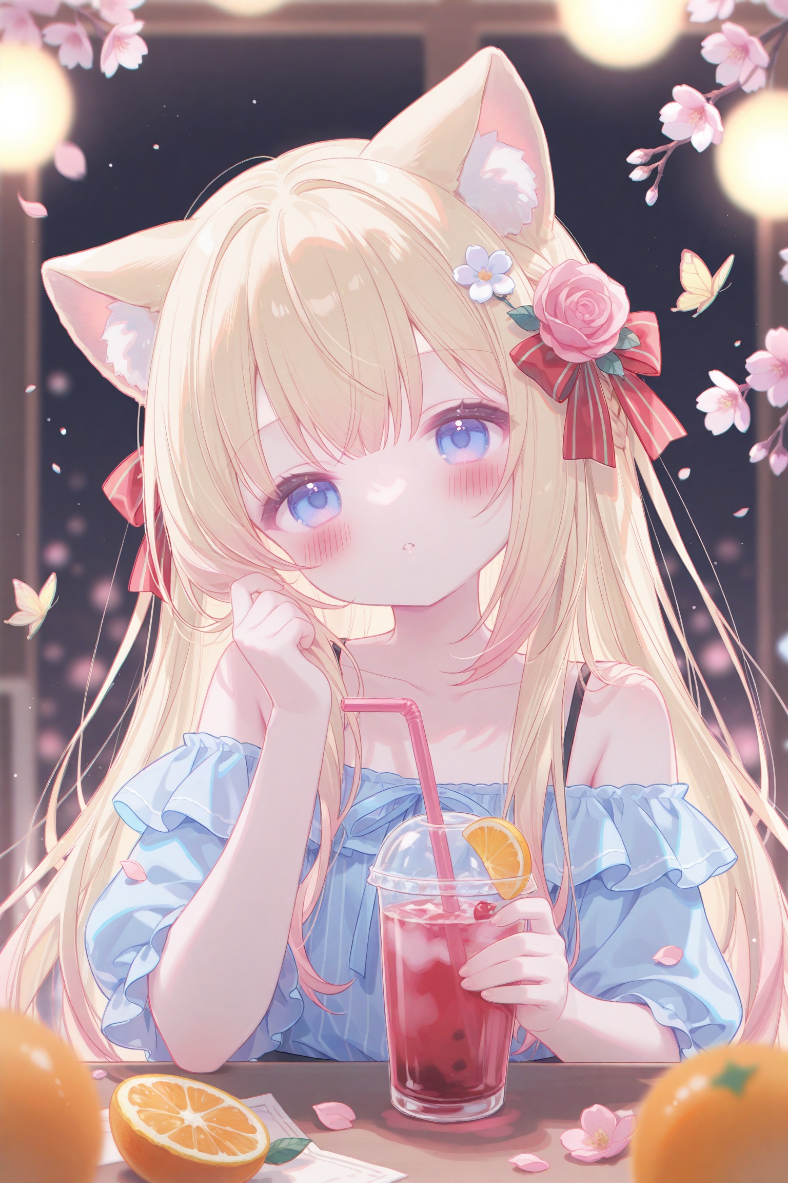 masterpiece,very aware,highres,absurdres,newest,best quality,loli,petite,high quality,chromatic_aberration,cinematic_angle,dutch angle,nyalia,//,umehara,//, 1girl, solo, blonde hair, flower, drinking straw, hair bow, bow, animal ears, parted lips, cup, blush, collarbone, looking at viewer, blue eyes, shirt, striped bow, long hair, bendy straw, off shoulder, drinking glass, blue shirt, hair flower, food, white flower, hair ornament, red bow, fruit, animal ear fluff, bare shoulders, blurry, rose, holding, red flower, upper body, depth of field, blurry foreground, pink flower, holding cup, off-shoulder shirt, drink, braid, blurry background, purple eyes, cat ears, hand up, branch, orange slice, hands up, lemon, butterfly, petals, red rose, cherry blossoms, orange (fruit), head tilt, bug, disposable cup