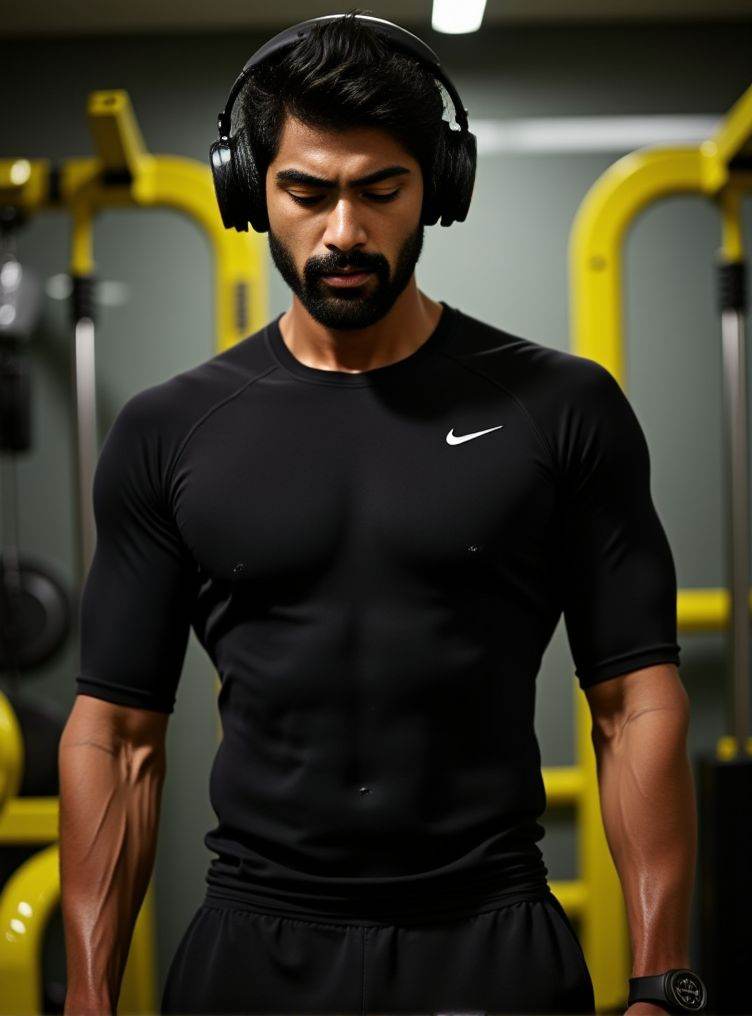 rana daggubati ,  A detailed low-angle image. in exceptional quality. He is in a gym with a predominance of black and a li...