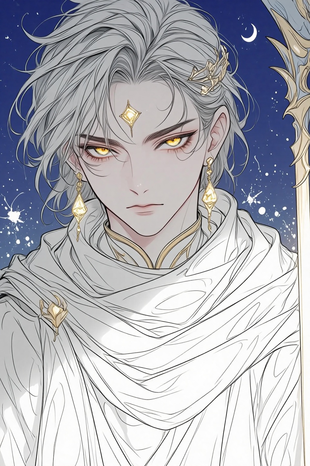 ZOZ_SUMIAOHH,ZOZ_SUMIAOMIAO,a digital illustration shoot from a portrait camera angle about a portrait of a male character with silver hair and golden eyes,wearing ornate accessories and a shawl,set against a starry night sky background,the image also shows intricate details in the characters attire and jewelry,on the middle of the image,a young man,who appears to be in his early twenties,with a serious expression,is facing the viewer,looking directly at the viewer with yellow eyes,he has grey hair styled in a long hair style,and is wearing a white cloak draped around his shoulders,along with a pair of golden earrings and a tiara adorned with a star-shaped headpiece,the man has a slim body,and his facial expression is serious,he is standing in a close-up shot,with his upper body visible,and the background is a deep blue with a crescent moon,