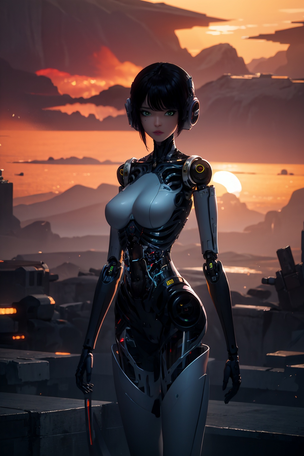 ash,1girl,green eyes,android,black hair,looking at viewer,robot joints,solo,breasts,mechanical parts,short hair,joints,cyborg,blurry background,lips,medium breasts,science fiction,cyberpunk,bangs,cable,depth of field,desolate,ruins,war,smoke,apocalypse,guns,fight,dusk,outdoor,sunset,broken bridges,destroyed cities,
