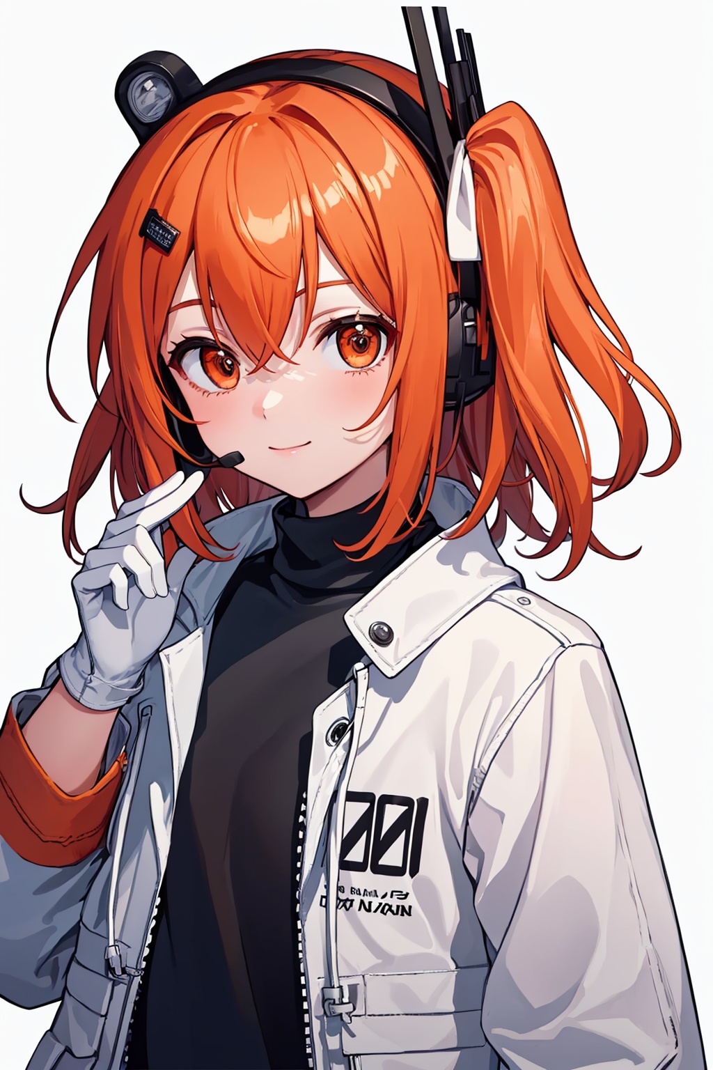 masterpiece,best quality, highly detailed, 1girl,adachi rei,black shirt,closed mouth,looking at viewer,open jacket,parka,radio antenna,simple background,solo,turtleneck,upper body,white jacket,headset,white background,microphone,smile,white gloves,hand up,mechanical eye,expressionless,long sleeves,<lora:adachi_rei:1>