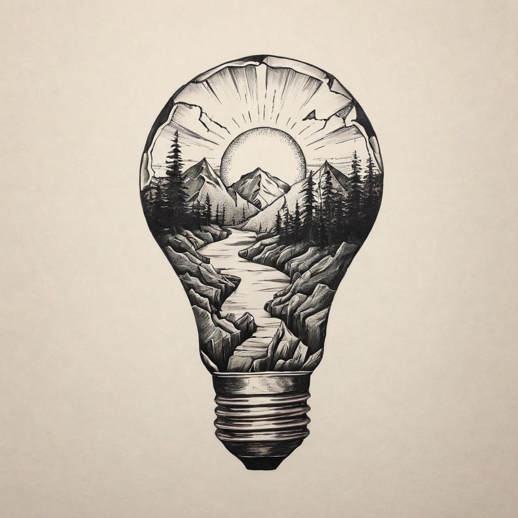 drawing of a minimalist tattoo,  landscape inside a broken light bulb on Tensor.Art
