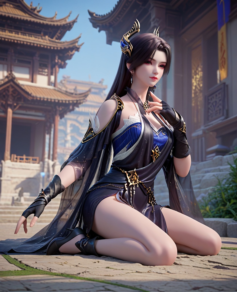 (oriental architecture, elegant decor, sophisticated style:1.1),(Kneeling with one knee on the ground, head tilted,:1.1),looking at viewer,(breasts:1.2),<lora:XL16斗破苍穹曹颖:0.95>,miss caoying,black dress,slip blue dress,brown eyes,red eyeshadow,black hair,very long hair,hair ornament,earrings,jewelry,fingerless gloves,black heels,, score_9,score_8_up,score_7_up,score_6_up,score_5_up,score_4_up,3d rendering,tag1,tag2, Cinematic Lighting,backlighting,, zPDXL3, zPDXL2,zPDXL, zPDXLxxx, zPDXLrl,