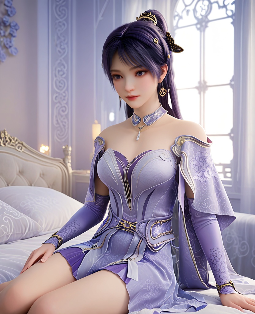 (oriental architecture, elegant decor, sophisticated style:1.1),(Sitting on the edge of a bed, looking thoughtful,:1.1),(breasts:1.2),<lora:XL遮天姬紫月2:0.95>,miss jiziyue,blue dress,shawl sleeves,purple hair,jewelry,bare shoulders,elbow gloves,sash,blue eyes,hair ornament,tassels,ponytail,inner skirt,, score_9,score_8_up,score_7_up,score_6_up,score_5_up,score_4_up,3d rendering,tag1,tag2, Cinematic Lighting,backlighting,