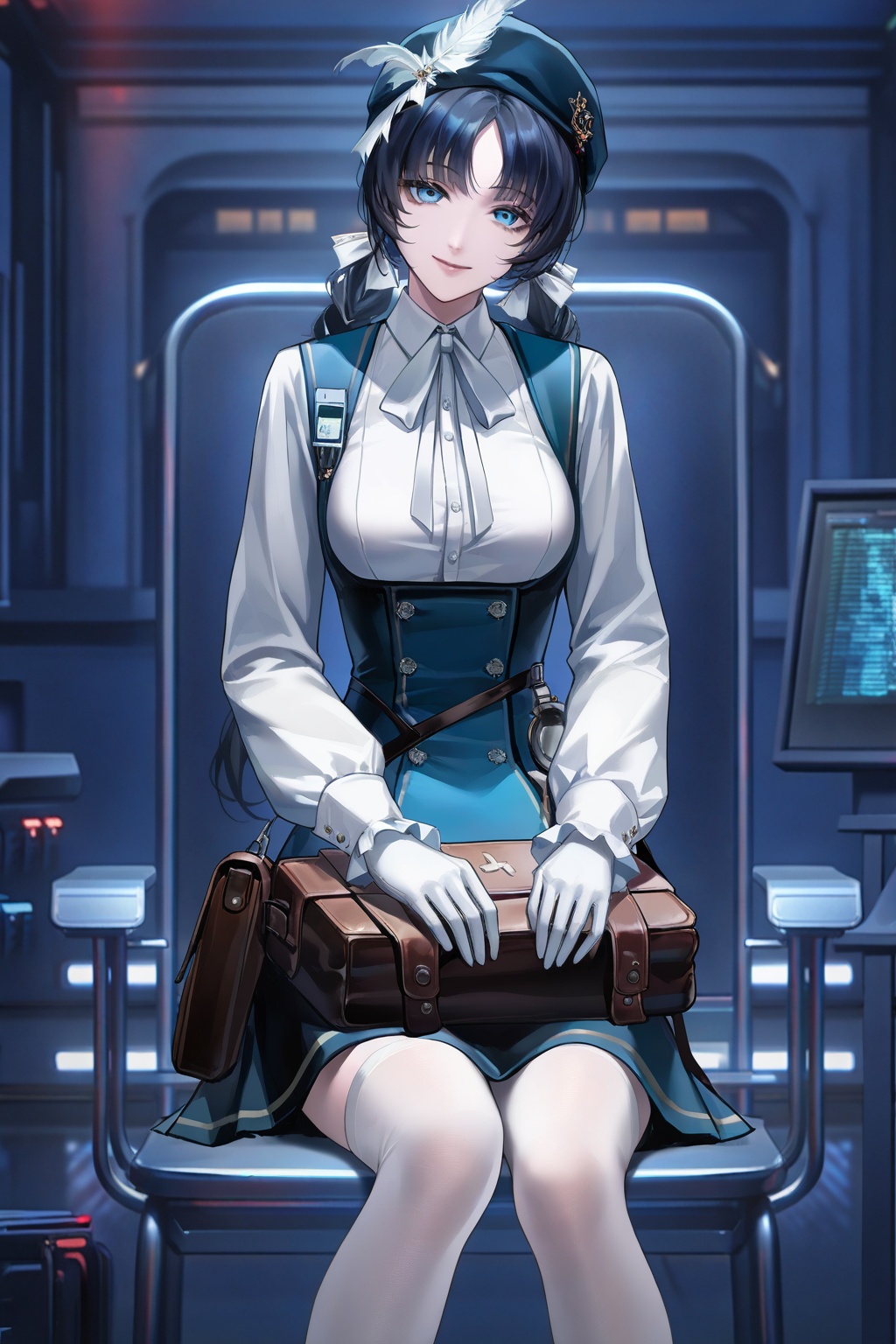 masterpiece,best quality,<lora:wqmt-gnoob-Tanger:0.8>,Path to Nowhere  \(video game\),game CG,1girl, solo, hat, gloves, sitting, white gloves, blue eyes, looking at viewer, ribbon, skirt, neck ribbon, shirt, long sleeves, chair, bag, white ribbon, bangs, white shirt, black hair, smile, breasts, indoors, head tilt, long hair, white thighhighs, pantyhose, feathers, holding, closed mouth
