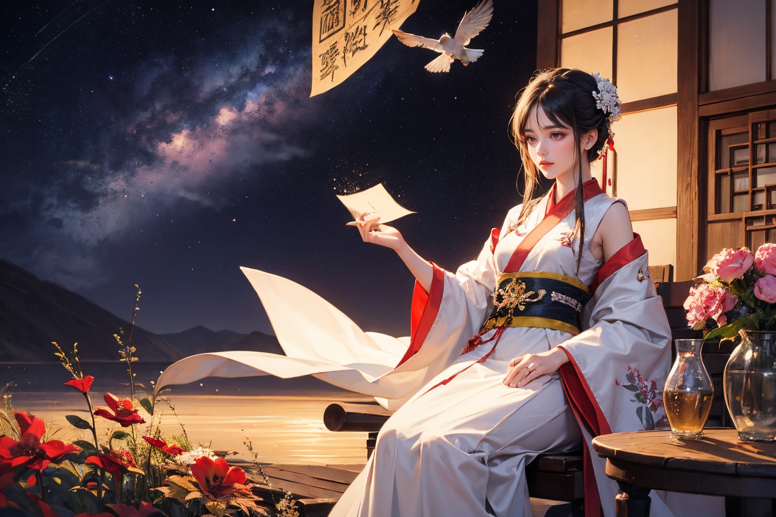 masterpiece,best quality,the milky way,fantasy,flowers meadows,floating island,magic world,dindal light,Ink painting,painting,ancient China,Hanfu,white gauze,landscape painting,meticulous painting,bird songs and floral fragrance,gentle and gentle,Black and white