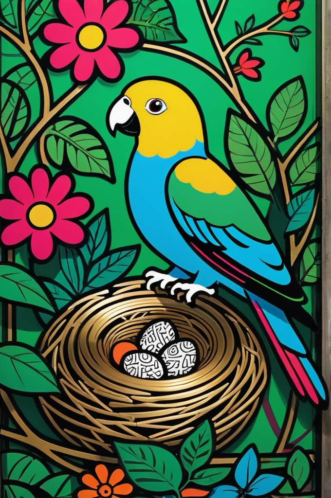 Rainforest,gold steel parrot,(Sophisticated and beautiful nest:1.5),branches,green leaves,Colorful flowers and diverse plants, graffiti in the style of Keith Haring,sharpie illustration, Bold lines and solid colors, Simple details, minimalist, peaceful light