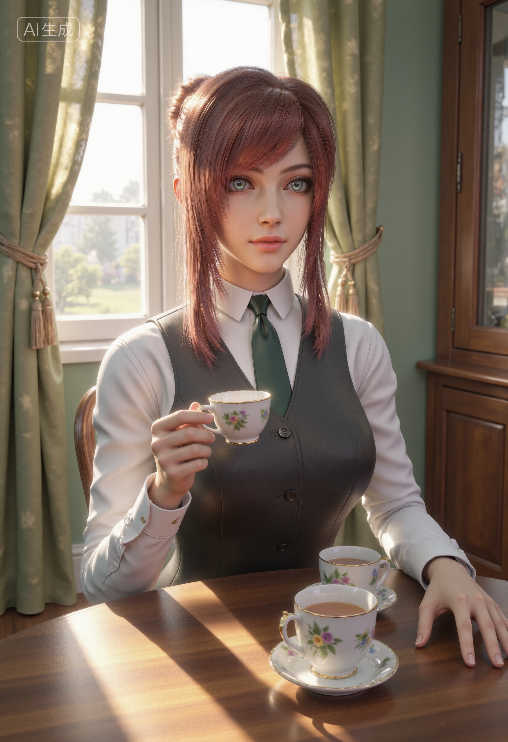 mh style,ChengSisi,, a tall and elegant young woman,reddish-brown hair,vibrant teal eyes,, wearing her signature white collared shirt,dark grey vest with decorative buttons,and dark green tie,, upper body portrait seated at an antique wooden table,a finely crafted porcelain tea set before her,soft flowing curtains fluttering in the breeze,golden sunlight from a nearby window highlighting the delicate floral patterns on the cups,calm and serene atmosphere,the aroma of freshly brewed tea in the air,masterpiece,highly detailed,soft ambient lighting,, Negative prompt: ng_deepnegative_v1_75t,(badhandv4:1.2),EasyNegative,(worst quality:2),,nsfw, Steps: 30, Sampler: Euler, CFG scale: 3.5, Seed: 27661138, Size: 832x1216, Model hash: 0734f0ab2a, Model: F.1 模型下载版-黑暗森林工作室_fp16.sft, Denoising strength: 0.4, RNG: CPU, Lora 1: 20251109-1762710084752-0010, Lora Hash 1: 0fa023f507, Lora Weight 1: 0.75, Lora 2: F.1 虚焦梦核| 柔光春核| 夏核, Lora Hash 2: 9cb8d1fb34, Lora Weight 2: 0.7, vae_name: automatic, Hires resize: 1664x2432, Hires steps: 30, Hires upscaler: 4x-UltraSharp