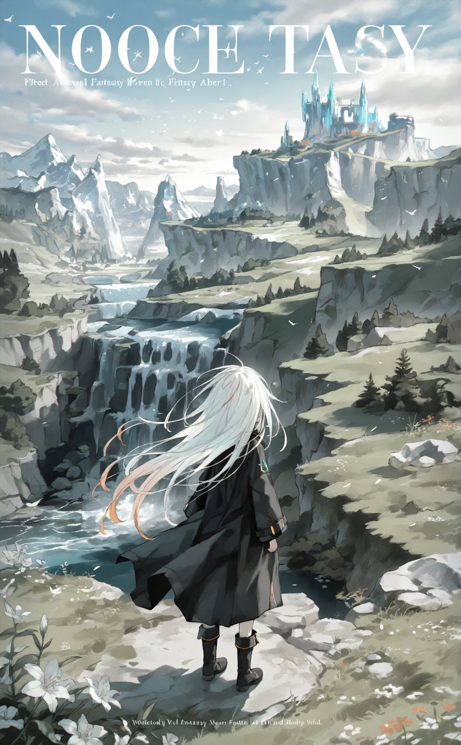 masterpiece,absurdres,best quality,loli,petite,high quality,chromatic_aberration,//,scenery, outdoors, long hair, white hair, very wide shot, 1girl, standing, day, wide shot, cliff, grass, bird, waterfall, from behind, landscape, very long hair, cloud, solo, neon trim, floating hair, flower, english text, nature, mountain, sky, wind, flock, rock, white flower, water, facing away, copyright name, shadow, multicolored hair, black coat, 1other, fantasy, moss, boots<lora:Nano_渡コキュー:0.8>,