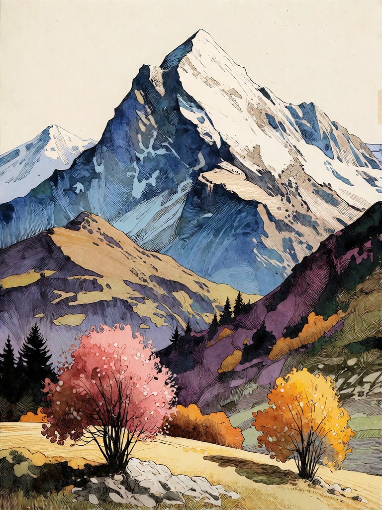 Bradhamel art style. An intricately detailed illustration of a mountainous landscape rendered in vibrant,  layered colors...