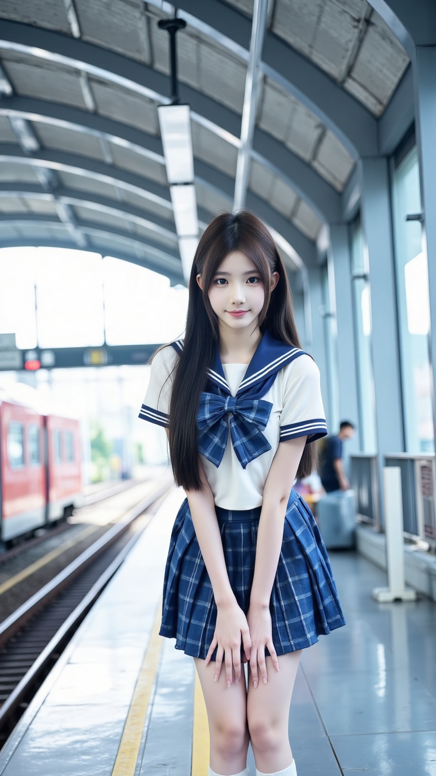 The photograph captures a young Asian woman standing in a modern,indoor train station. She has long,straight black hair with bangs,and her skin is fair. She is wearing a traditional Japanese schoolgirl uniform consisting of a white short-sleeved blouse with a large blue plaid bow at the collar,and a matching blue plaid skirt that reaches mid-thigh. She also wears knee-high white socks and black shoes. The woman is leaning forward slightly,with her hands resting on her knees,and she is smiling gently at the camera.,The background features a sleek,modern train station with a high,ribbed ceiling and large windows that allow natural light to fill the space. The floor is shiny and reflective,with a yellow safety line running along the edge. To the left,there is a red and white train visible through the windows,indicating the station is in use. The overall color palette of the image includes cool blues and grays from the station,contrasting with the bright white of her blouse and the blue of her skirt and bow. The photograph is sharp,with a focus on the woman,and the lighting is even,highlighting her and the details of her outfit.,
