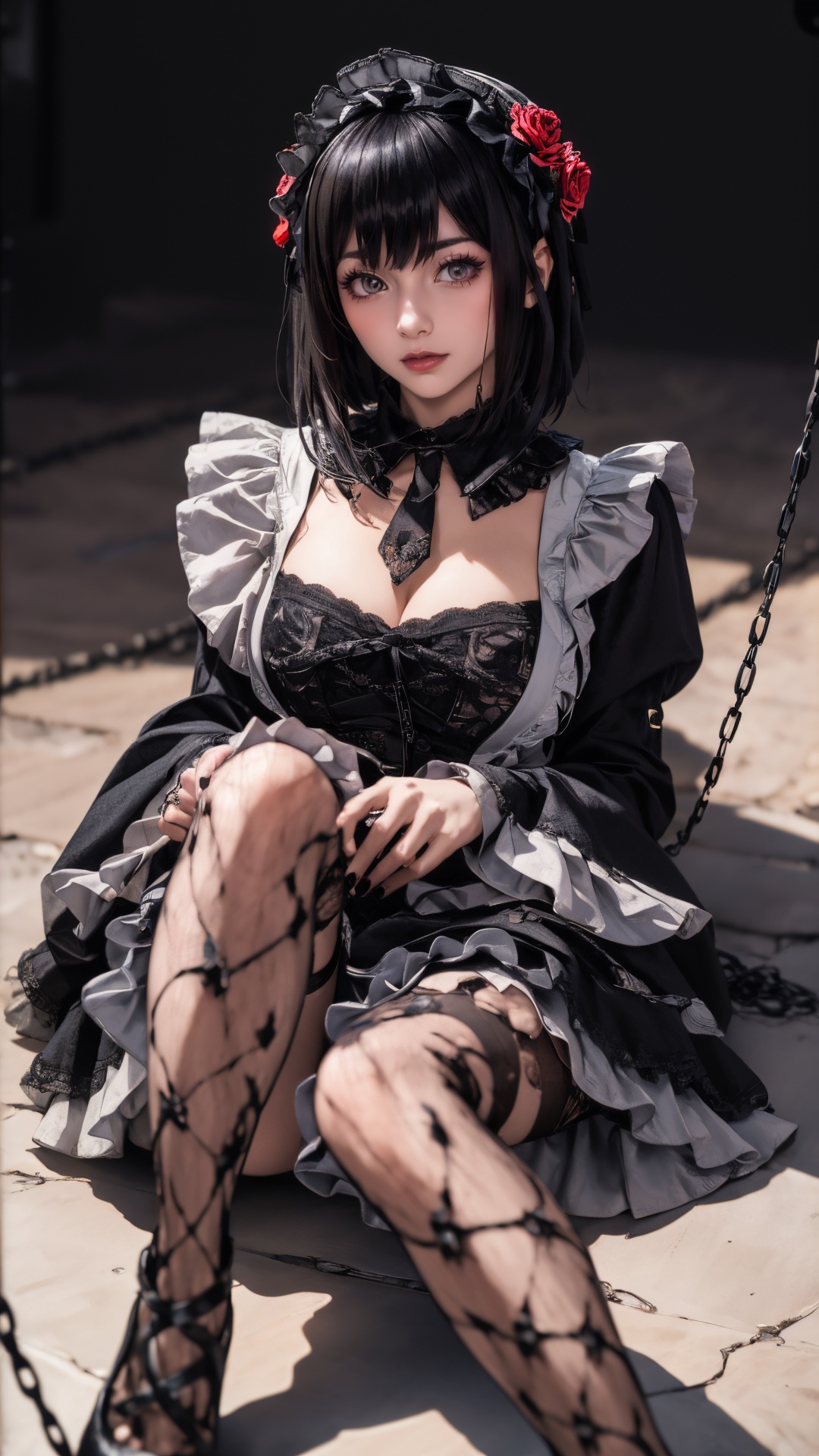 tutututu,1girl,solo,Kuroe Shizuku,lolita fashion,apron,pantyhose,gothic lolita,black dress,frills,hair flower,hair ornament,chain leash,black nails,wide sleeves,lace trim,long sleeves,rose,black footwear,black necktie,maid,fishnets,maid headdress,detached collar,red flower,thighhighs,hairband,chain,floral print,lolita hairband,garter straps,black thighhighs,lace,<lora:Kuroe Shizuku_Lolita-000007:0.5>,(masterpiece, top quality, best quality, official art, beautiful and aesthetic:1.3), (1girl:1.3), extreme detailed,colorful,highest detailed,((ultra-detailed)), (highly detailed CG illustration), ((an extremely delicate and beautiful)),cinematic light,((1mechanical girl)),solo,full body,(steampunk),(machine made joints:1.2),(mechanical limbs),(blood vessels connected to tubes),((mechanical cervial attaching to neck)),(sitting),expressionless,wires and cables attaching to neck,wires and cables on head,,science fiction,mechanical city, active pose,