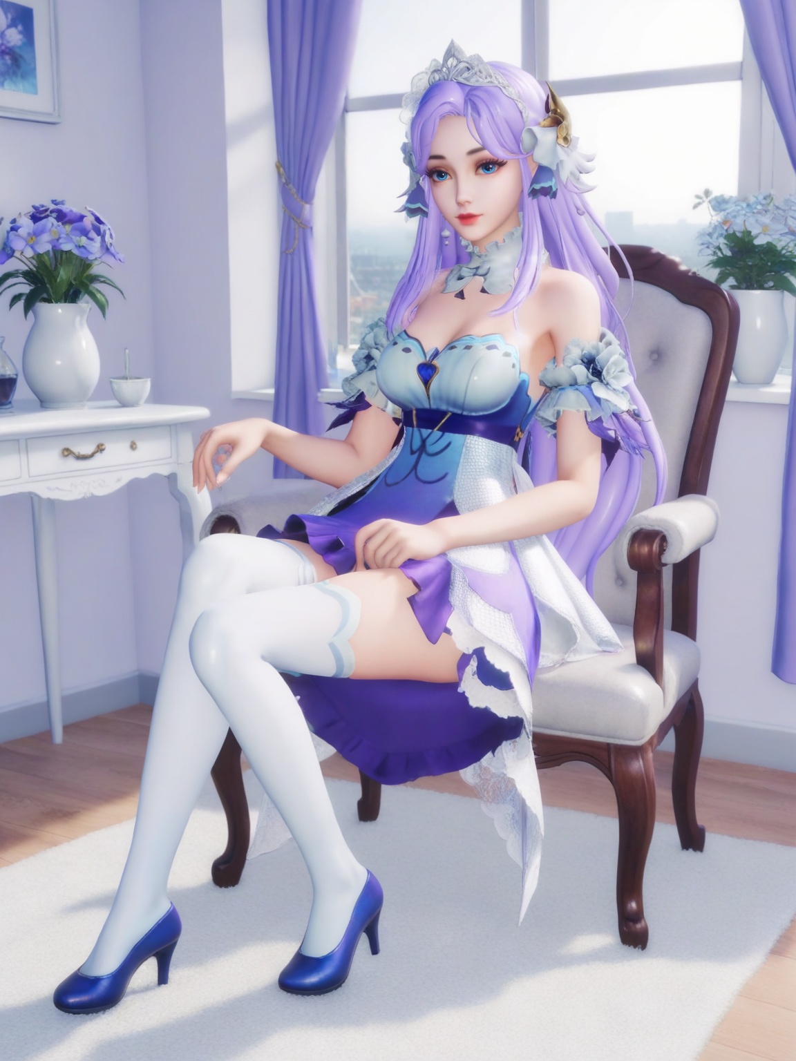 score_9,<lora:SF_DaQiao_ZAHJ_Pony_Realism2.3-000004:0.7>,1girl,SFDaQiao,solo,breasts,looking at viewer,dress,hair ornament,purple hair,long hair,lipstick,makeup,eyelashes,eyeshadow,thighhighs,sitting,blue footwear,white thighhighs,chair,window,indoors,flower flower pot,