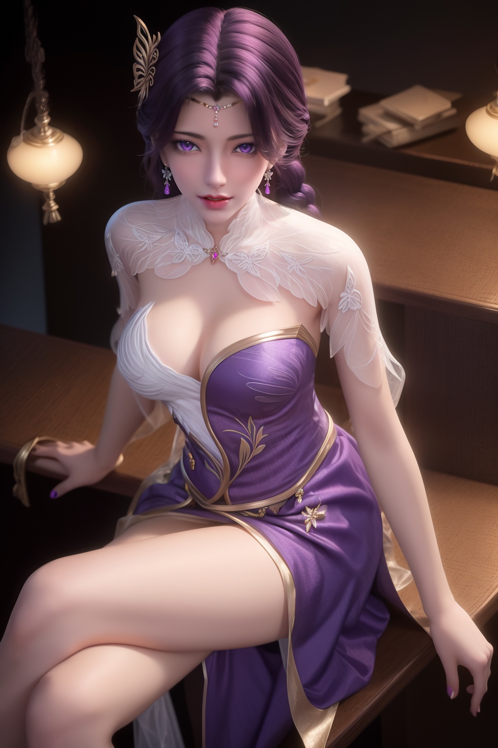 ltra realistic 8k cg, flawless, clean, masterpiece, professional artwork, famous artwork,cinematic lighting, cinematic bloom, perfect face, beautiful face,shenfengYunXi,1girl, solo,dress,purple eyes,purple hair, smile,torogao,red lips, breasts,large breasts,cleavage,crossed legs(sitting),from below,jewelry,hair ornament,braid,earrings,realistic, looking at viewer,high heels,<lora:shenfengYunXi_20231229173422-000004:0.7>