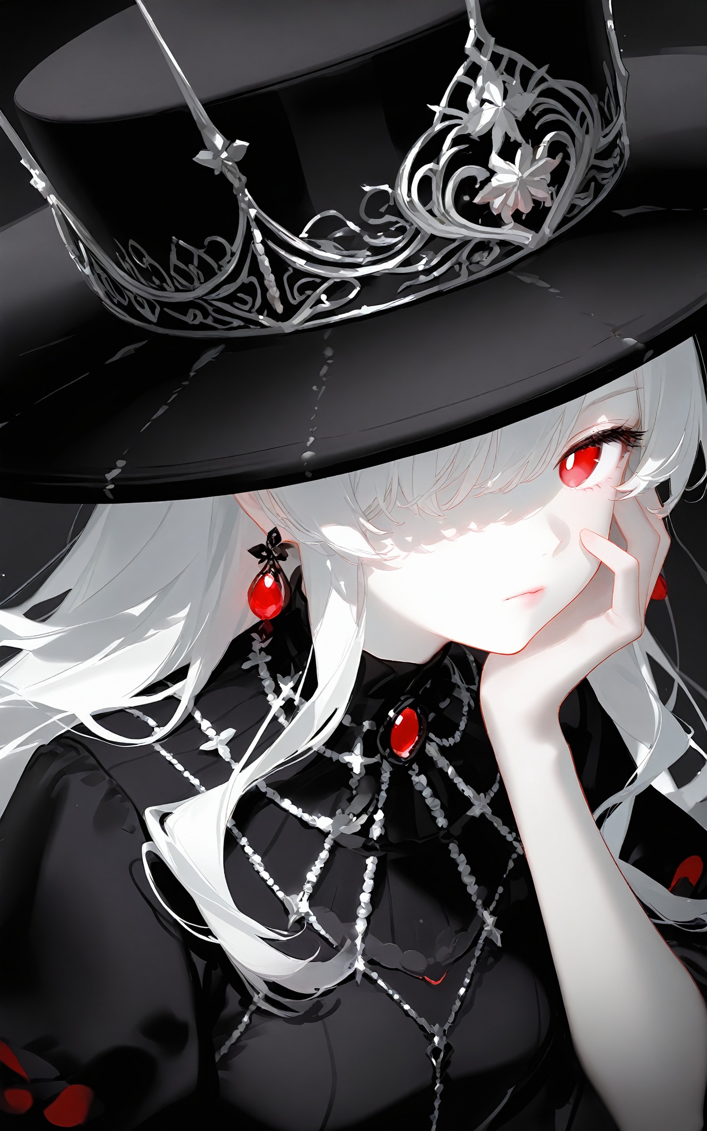 masterpiece,very aware,highres,absurdres,newest,best quality,high quality,chromatic_aberration,cinematic_angle,dutch angle,//,1girl,\n\ncharacter,Lederhosen,accessorries ritual crown,detailed background,shade,shadow,darkness,fading,half-closed eye,holding,long hair,lips,jewelry,red eyes,one eye covered,solo,sidelocks,closed mouth,amazing quality \\(style\\),black dress,upper body,wavy hair,expressionless,hand on own face,grey theme,bright pupils,looking at viewer,eyelashes,black headwear,pale skin,white hair,dress,white pupils,arm up,earrings,black background,\nbest quality,very aesthetic,masterpiece,absurdres,general,anime style,artist:ask {askzy},mikumikudance,ingame render,rella,//,//,