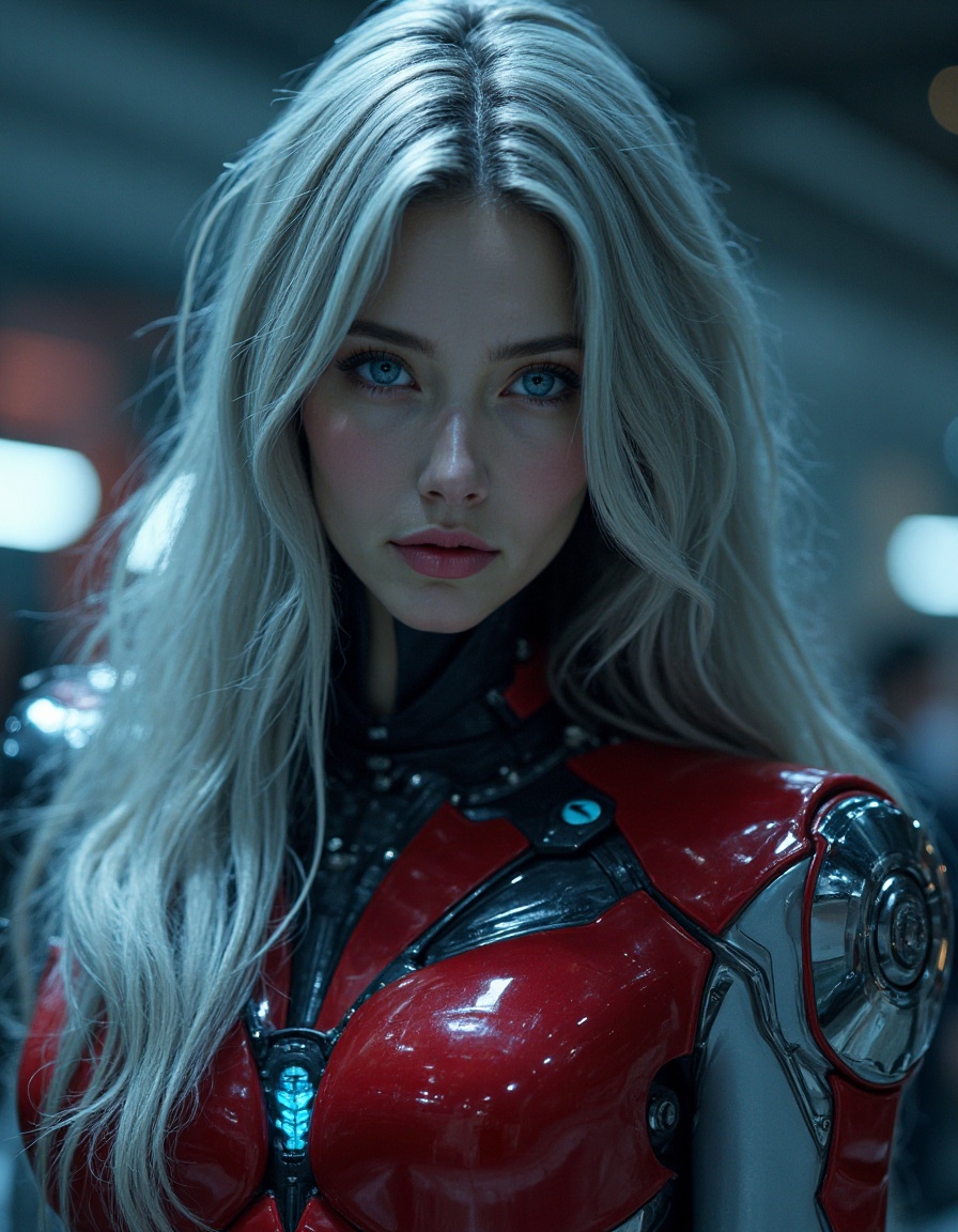 HDR photo of cinematic film still, mecha,Alison has a rare silver black long hair,like the brightest galaxy in the night sky pouring down,casually draped over her shoulders,shimmering with a faint blue light. Her eyes were deep blue,like black holes in a distant galaxy,both mysterious and attractive. With a slender figure and a slightly pale skin due to long-term wearing of high-tech protective clothing,the blue veins faintly emanate from the skin. Wearing a silver red mecha,the surface is covered with delicate metallic luster,shining like the first ray of sunshine in the morning under the illumination of lights,both bright and full of hope,