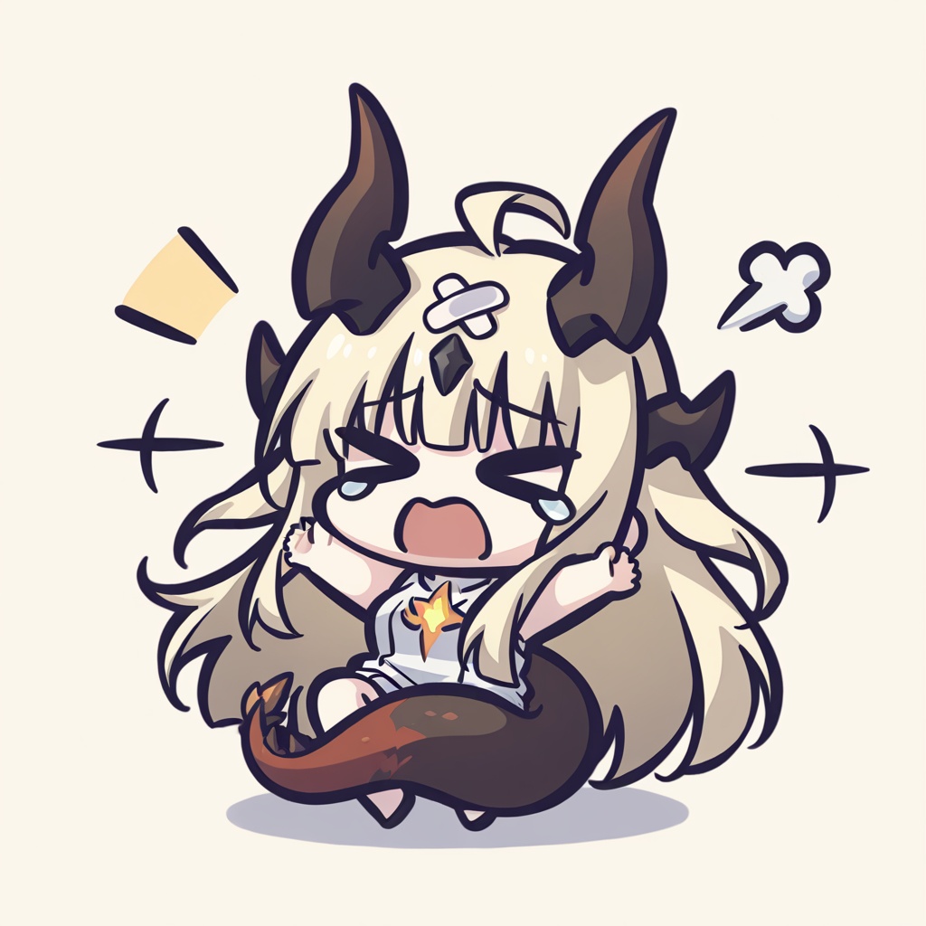 chibi,1girl,solo,upper body,reed \(arknights\),arknights,long hair,dragon horns,horns,blonde hair,dragon girl,green eyes,ahoge,tail,dragon tail,,very long hair,blue eyes,>_<,solo,open mouth,crossed bandaids,bandaid,closed eyes,simple background,upper body,arms up,bandaid_on_head,hair ornament,braid,hug bandaid,tears,,white background,simple background,<lora:Kei_Style_noob-4:1>,