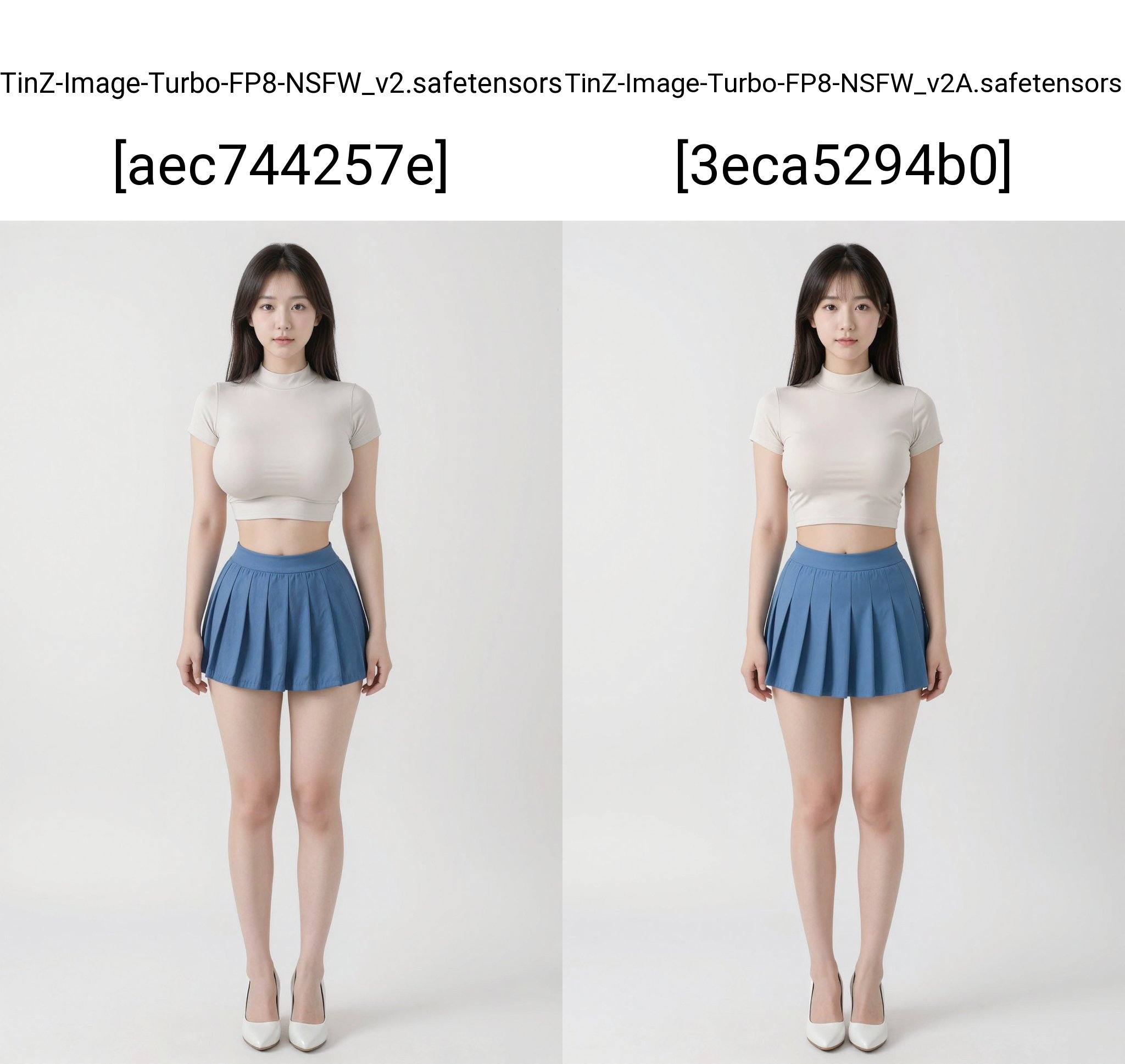 large breasts, stand at attention, Long-distance full-body photo, 年轻女性。她肤色白皙，留着齐肩的黑色长直发。双臂自然垂于身体两侧。她身穿一件修身的浅色短袖高领露脐上衣，下身搭配一条蓝色百褶短裙，白色高跟鞋。背景是干净明亮的白色背景。