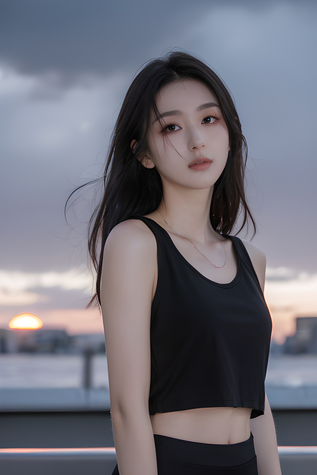 <lora:0814_04:0.7>,Frontal photography,Look front,evening,dark clouds,the setting sun,On the city rooftop,A 20 year old female,Black top,Black Leggings,black hair,long hair, dark theme, muted tones, pastel colors, high contrast, (natural skin texture, A dim light, high clarity) ((sky background))((Facial highlights)),, 1girl,realistic,masterpiece, best quality, photorealistic, HDR,detail