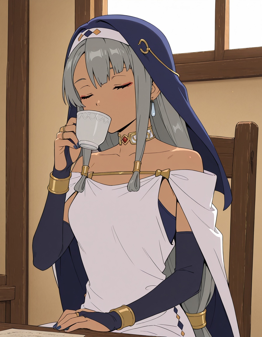 masterpiece, best quality, amazing quality, gradient background,1girl, sitting on chair, table, holding cup, window, backlighting, cowboy shot, drinking,frenci mastibolt (yuusha-kei ni shosu), low-tied long hair, asymmetrical bangs, grey hair, sidelocks, hair tubes, closed eyes, red eyeliner, dark-skinned female, teardrop earrings, collarbone, blue nail polish,blue veil, white choker, red gem, two-sided cape, off-shoulder dress, white dress, bracelet, bridal gauntlets, <lora:frenci_mastibolt-yuusha_kei_ni_shosu_s1-v2-ixl-anime-soralz:1>, <lora:StS-Illustrious-Detail-Slider-v1.0:3>, <lora:StS-Illustrious-Detail-Slider-v1.0:3>