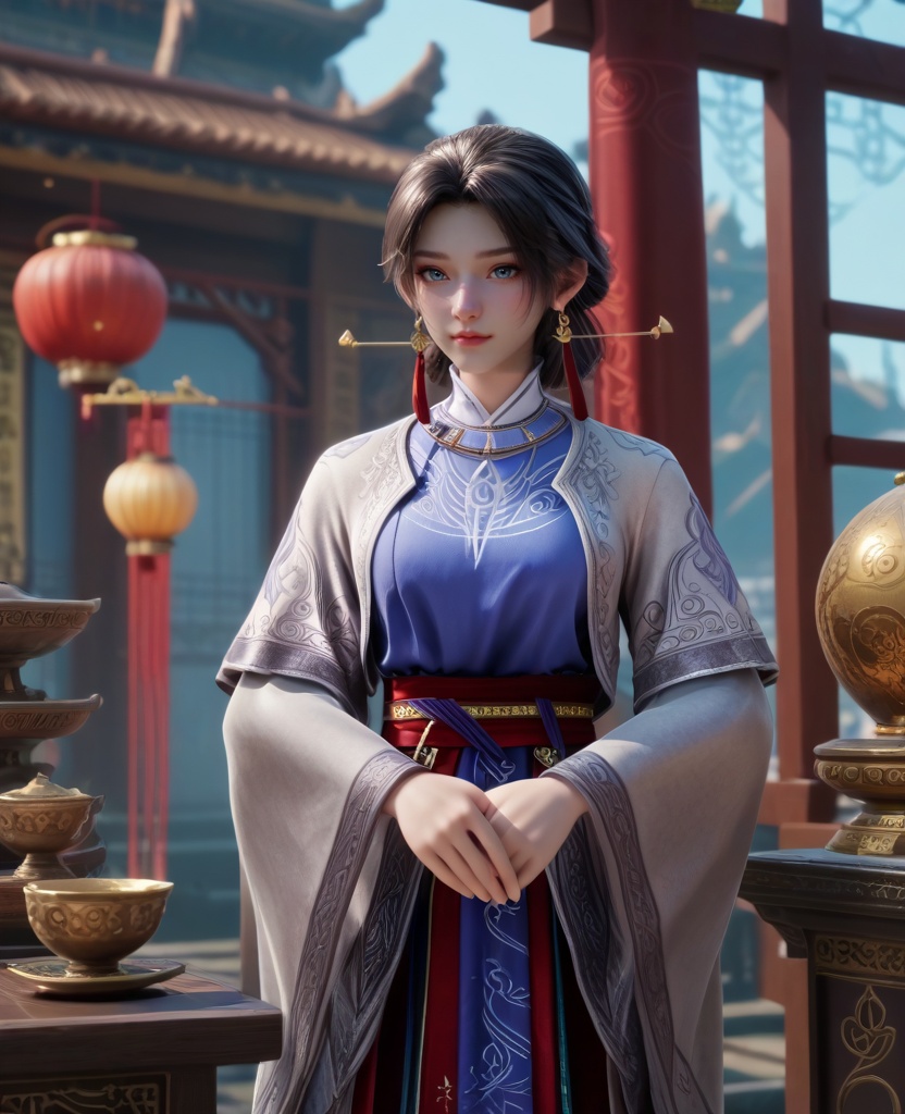 (oriental architecture, elegant decor, sophisticated style:1.1),(Standing near a window, with a cup of coffee, enjoying a peaceful and quiet morning,:1.1),(breasts:1.2),<lora:XL16牧神记锦娘:0.95>,miss jinniang,blue shirt,white  jacket,blue eyes,black hair,single hair bun,earrings,red maxiskirt,wide sleeves,black footwear,, score_9,score_8_up,score_7_up,score_6_up,score_5_up,score_4_up,3d rendering,tag1,tag2, Cinematic Lighting,backlighting,