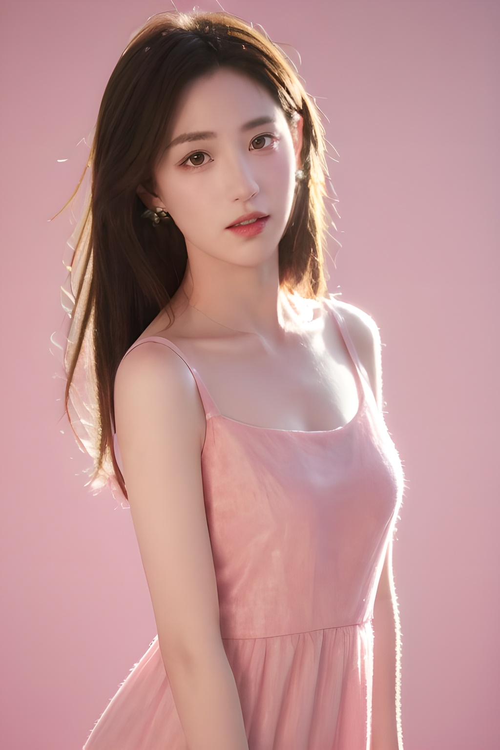 <lora:0828_03:0.5>,pink background, pink dress, 1girl,realistic,masterpiece, best quality, photorealistic, HDR,detail