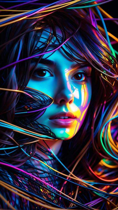 Abstract style mysterious figure emerges from the shadows in a tangled mess of iridescent wires and glowing mesh,  color s...