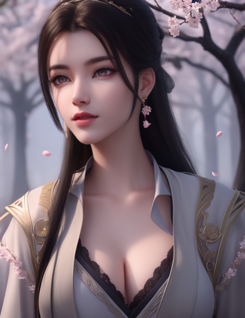 ultra realistic 8k cg, picture-perfect face, flawless, clean, masterpiece, professional artwork, famous artwork, cinematic lighting, cinematic bloom, perfect face, beautiful face, fantasy, dreamlike, unreal, science fiction, huge breasts, beautiful clothes, lace, lace trim, lace-trimmed legwear,  (rich:1.4), prestige, luxury, jewelry, diamond, gold, pearl, gem, sapphire, ruby, emerald, intricate detail, delicate pattern, charming, alluring, seductive, erotic, enchanting, hair ornament, necklace, earrings, bracelet, armlet,halo((,1girl, pov,))(((cherry_blossoms, branch, 1girl, tree, spring_\(season\), solo, petals, black_hair, japanese_clothes,looking at viewer, )))     <lora:DA_YueYaoMenswear:0.6>