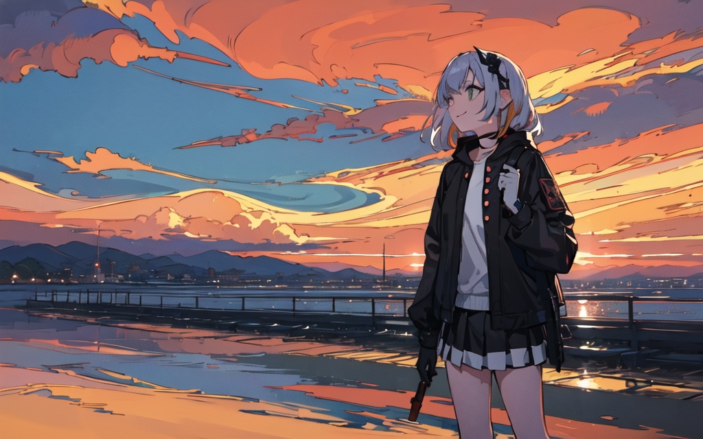 ((masterpiece,best quality)),1girl,solo, (((Chisato Nishikigi))), short hair, light yellow hair, solo, dress, detail eyes, looking at viewer, long sleeves, standing, white dress, gloves,hair ornament, black jacket, smile, floating hair, dutch angle, closed mouth, looking away, (center park),cloudy sky, blue sky, warm color,