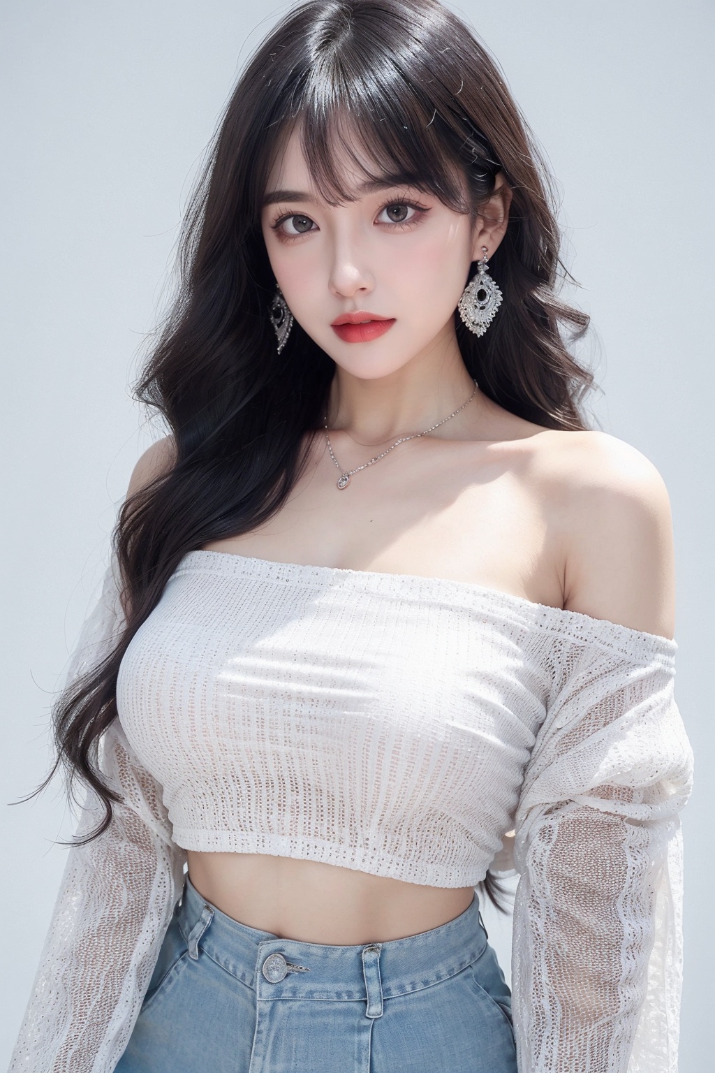 1girl, bangle, bare shoulders, bracelet, breasts, cleavage, collarbone, crop top, ear piercing, earrings, grey eyes, jewelry, long hair, looking at viewer, medium breasts, midriff, necklace, off-shoulder shirt, off shoulder, piercing, shirt, skirt, solo, white hair <lora:女:0.66>