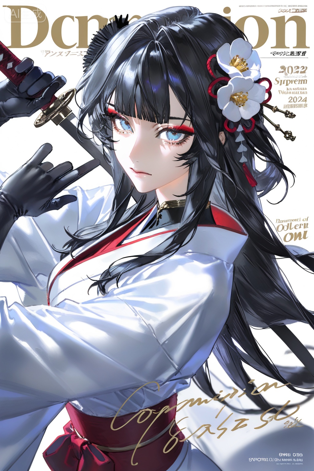 1girl,, solo,, long hair,, looking at viewer,, bangs,, blue eyes,, simple background,, black hair,, hair ornament,, gloves,, white background,, holding,, upper body,, weapon,, flower,, japanese clothes,, black gloves,, sword,, virtual youtuber,, hair flower,, blunt bangs,, kimono,, holding weapon,, from side,, makeup,, hair intakes,, eyeshadow,, white kimono,yoneyama mai,hysp,zxww,dynamic_outline,Close-up details,solo,outstanding style,adding a touch of dimension to your images without compromising details,iridescent textures,delicate details,magical atmosphere,concept art,highly detailed,ultra-high resolution,32K UHD,sharp focus,best-quality,masterpiece,golden hour,unconventional supreme masterpiece,masterful details,with a high-end texture,in the style of fashion photography,magazine cover,Dynamic Angle,Dynamic posture,magazine cover,Dynamic Angle,Dynamic posture, (artist:quasarcake:0.8),extreme aesthetic, masterpiece,best quality,good quality,newest,year 2024,year 2023,very aesthetic,absurdres,Visual impact, ultra-high resolution,32K UHD,sharp focus,best-quality,masterpiece,Emotionalization,unconventional supreme masterpiece,masterful details,with a high-end texture,in the style of fashion photography, (Visual impact:1.2),giving the poster a dynamic and visually striking appearance,impactful picture,offcial art,splash of color,movie perspective, masterpiece,best quality,amazing quality,very aesthetic,absurdres,best quality,newest,mature,incredibly absurdres,huge filesize,wallpaper, Negative prompt: ng_deepnegative_v1_75t,(badhandv4:1.2),EasyNegative,(worst quality:2),,nsfw, Steps: 29, Sampler: Euler a, CFG scale: 7.0, Seed: 241028361, Size: 1024x1536, Model hash: fe1361c879, Model: illustrious_v20_1.safetensors, Denoising strength: 0.0, RNG: CPU, Lora 1: Art-水仙, Lora Hash 1: c8128555f3, Lora Weight 1: 0.8, vae_name: automatic
