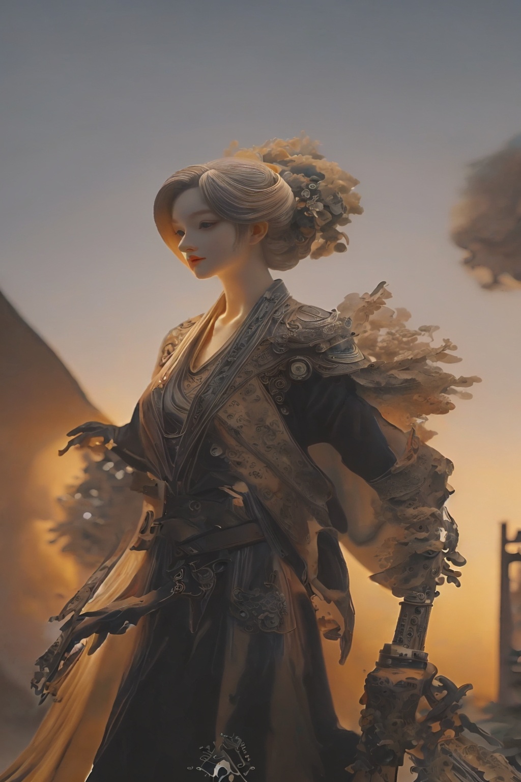 shouban,<lora:手办_v1.0:1>,1girl,steampunk adventurer,metal gear wing back decoration,handheld retro telescope,being in a victorian style mechanical city,the afterglow of the sunset fills the sky,