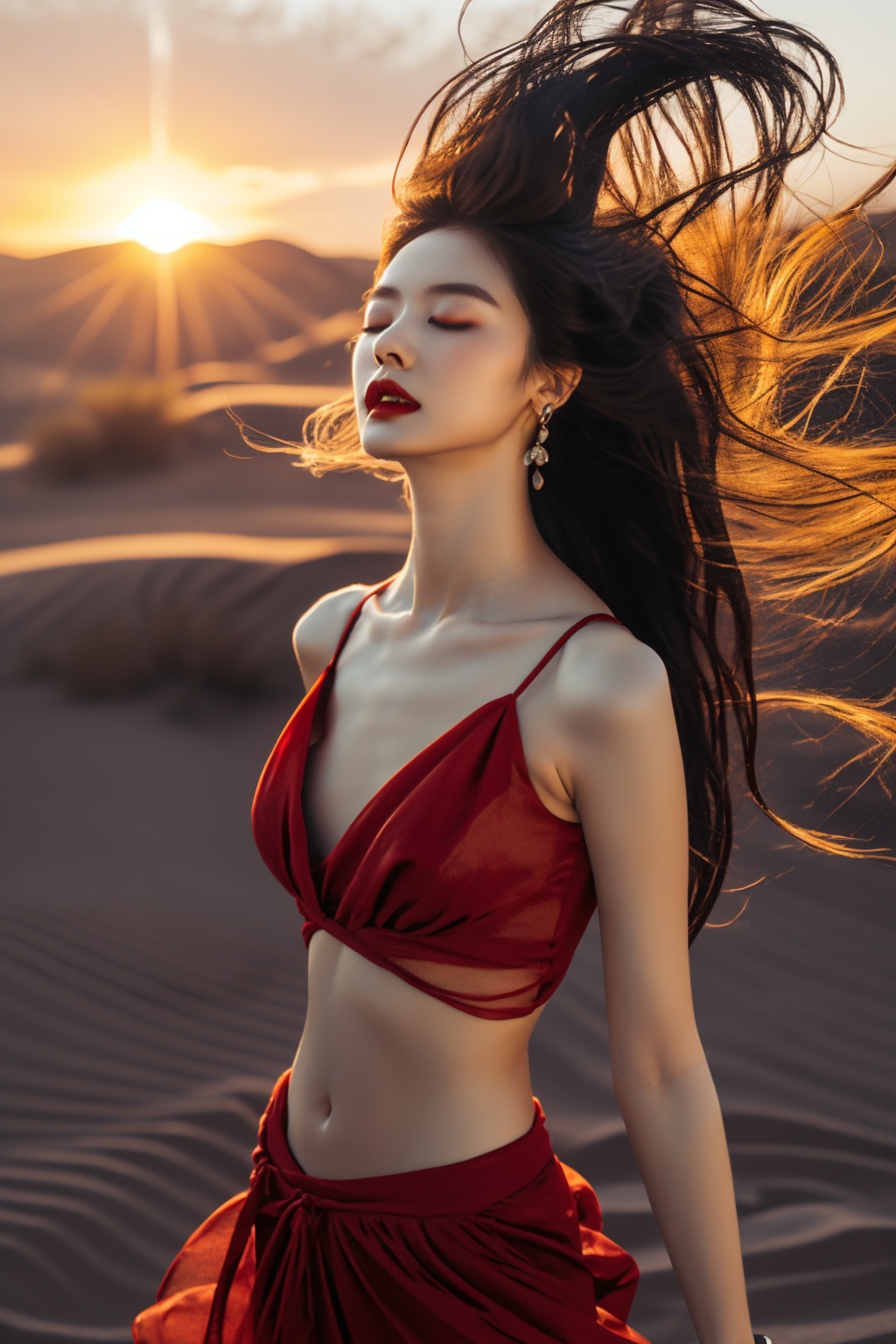 a woman in a red dress is dancing in the desert with her hair blowing in the wind and her hair blowing in the wind,1girl,fire,sunset,solo,midriff,long_hair,jewelry,closed_eyes,navel,flame,