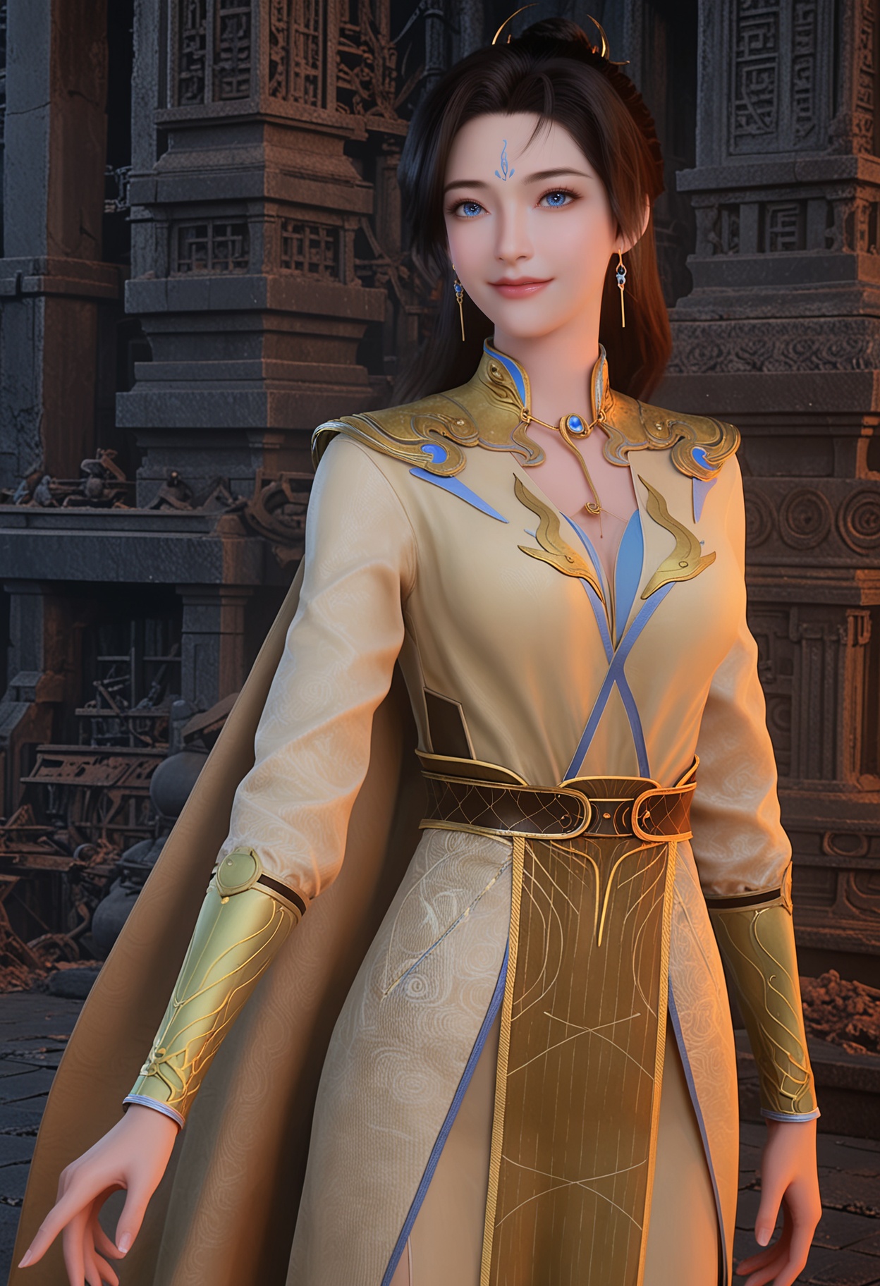 score_9,high detail,best quality,cinematic lighting,volumetric lighting,shiny skin,shiny,1girl,solo,blue eyes,earrings,jewelry,necklace,black hair,forehead mark,dress,breasts,belt,cape,realistic,long hair,hair ornament,yellow dress,lips,smile,looking at viewer,<lora:QQSponyweiweiV1:0.8>,<lora:Pony_DetailV2.0:0.8>,<lora:皮肤凹痕:0.1>,