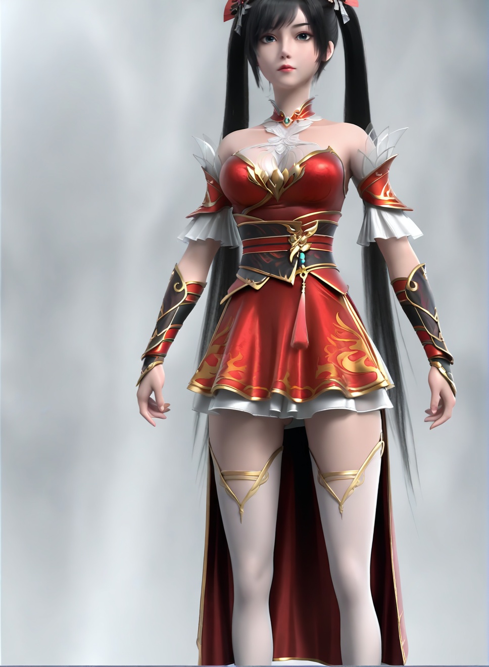 fair_skin,white_skin,Ivory_skin,score_9,<lora:SF_ChuYu_Pony_Realism-000003:0.72>,hair ornament,red dress,black hair,1girl,breasts,large breasts,standing,twintails,white thighhighs,solo,looking at viewer,simple background,